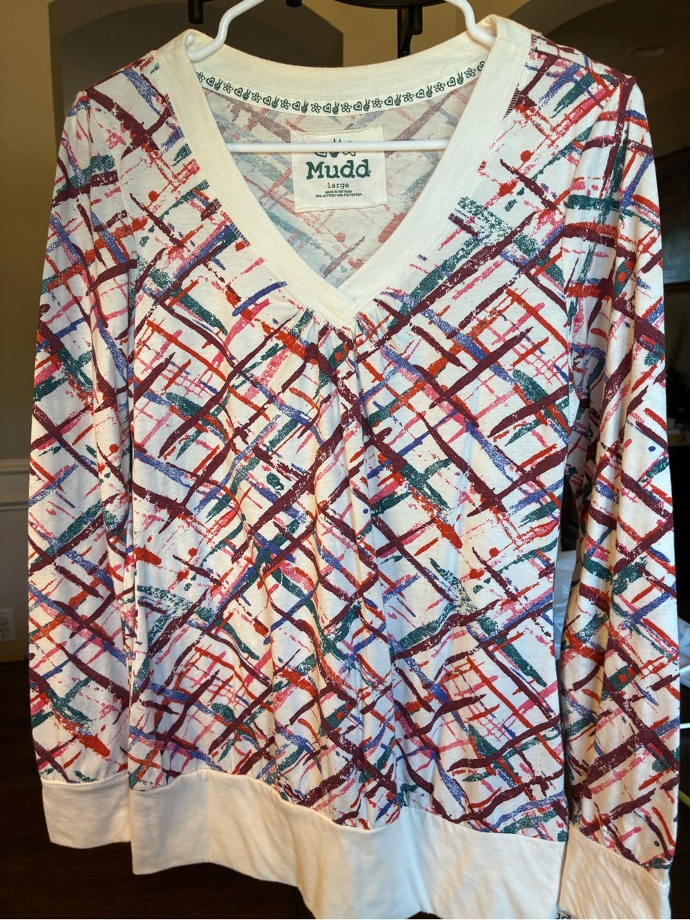 Mudd White V-Neck Long Sleeve Top with Red, Blue, Teal, Purple Brushstroke Print